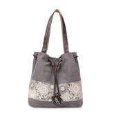 NICOLE & DORIS Student Canvas Handbag Women Bucket Bag Retro Tote Bag Drawstring Shoulder Bag Ladies Hobo Bag Top Handle Satchels Casual Beach Bag Grey